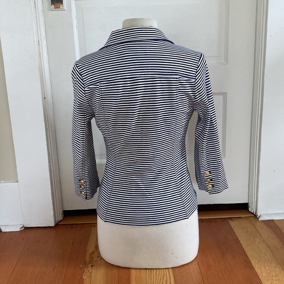CAbi 3/4 Sleeve Double Breasted Navy Blue White Striped Knit Blazer Small - Picture 3 of 5